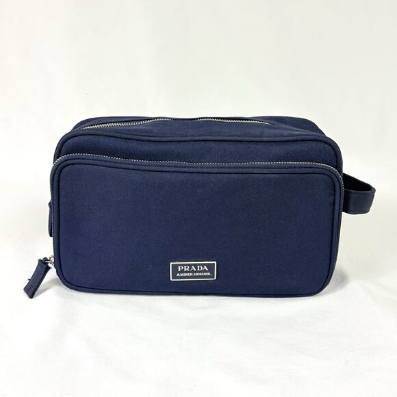 Authentic Prada Amber Homme Toiletry Travel Bag For Men Navy Blue Double Zipper - Picture 1 of 8